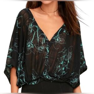 Free People Black and Teal Floral Blouse